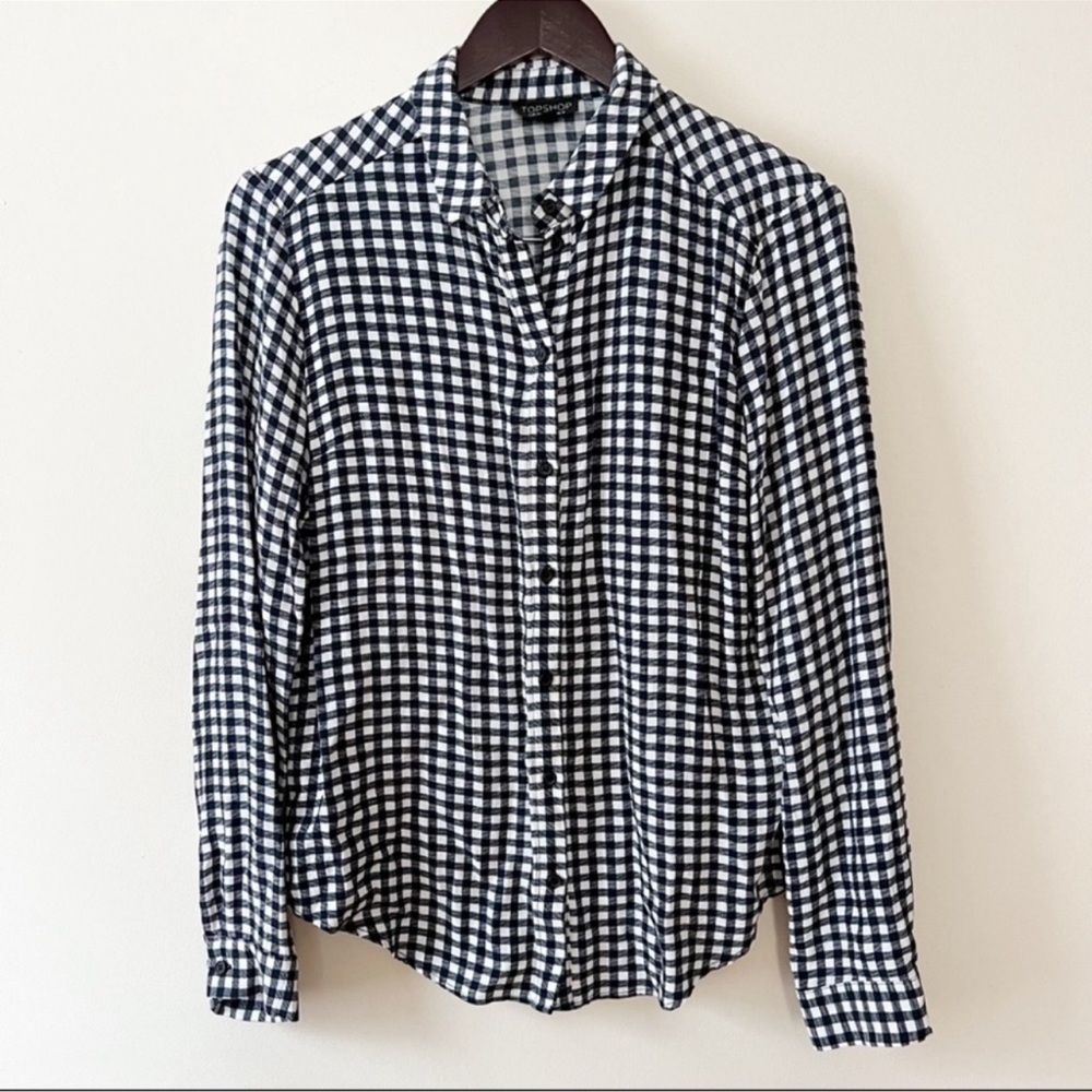 Topshop Blue Plaid Button Down Top Long Sleeves Size 8 Lightweight